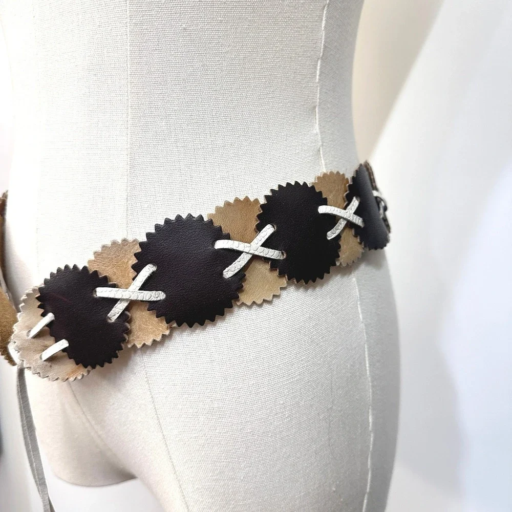 Vintage 1970s Leather Disc Belt Boho Hippie Festival Tie Waist Belt Earth Tones